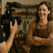 Kameramann filmt eine lächelnde Frau in Schürze in einem stilvoll eingerichteten Laden mit Keramik und Naturdeko.