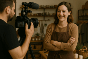 Kameramann filmt eine lächelnde Frau in Schürze in einem stilvoll eingerichteten Laden mit Keramik und Naturdeko.