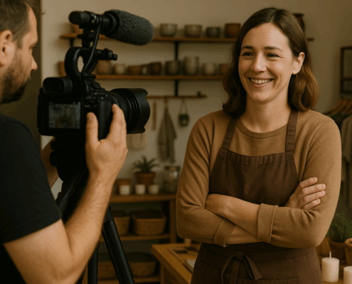 Kameramann filmt eine lächelnde Frau in Schürze in einem stilvoll eingerichteten Laden mit Keramik und Naturdeko.