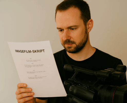 Kameramann liest aufmerksam ein ausgedrucktes Imagefilm-Skript und hält dabei seine Videokamera in der Hand.