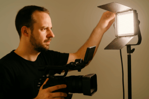 Kameramann mit Videokamera richtet LED-Licht aus, um die Ausleuchtung für eine Szene beim Imagefilm-Dreh einzustellen.