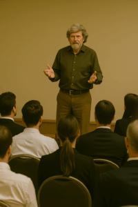 Teilnehmer in einem Seminarraum blicken auf eine Bühne, auf der ein bärtiger Mann – erinnernd – eine inspirierende Rede hält.