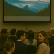 Teilnehmende eines Firmenevents blicken auf eine große, leuchtende Leinwand mit Naturaufnahmen; im Vordergrund dreht sich eine Frau leicht zur Kamera, ein Mann unterhält sich mit seinem Sitznachbarn.
