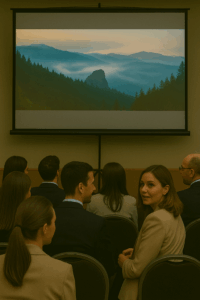 Teilnehmende eines Firmenevents blicken auf eine große, leuchtende Leinwand mit Naturaufnahmen; im Vordergrund dreht sich eine Frau leicht zur Kamera, ein Mann unterhält sich mit seinem Sitznachbarn.