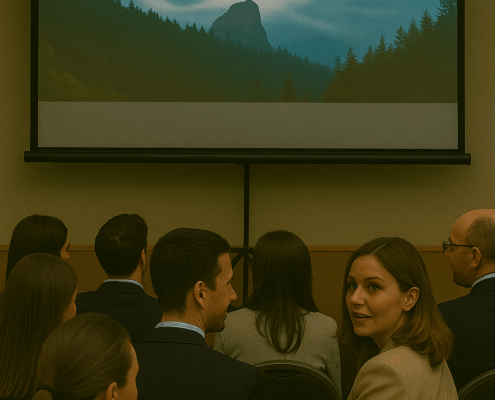 Teilnehmende eines Firmenevents blicken auf eine große, leuchtende Leinwand mit Naturaufnahmen; im Vordergrund dreht sich eine Frau leicht zur Kamera, ein Mann unterhält sich mit seinem Sitznachbarn.