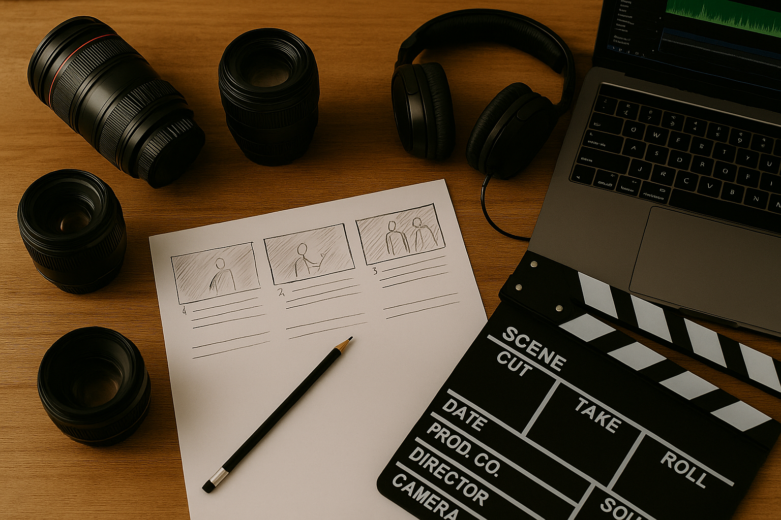 Storyboard mit Kameraobjektiven, Kopfhörern und Filmklappe auf einem Holzschreibtisch, daneben ein Laptop mit offenem Schnittprogramm.