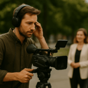 Kameramann mit Kopfhörern prüft während einer Videoproduktion den Tonpegel an der Kamera; im Hintergrund steht eine Frau unscharf im Bild.