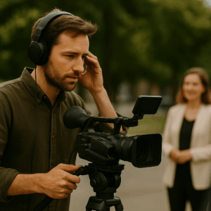 Kameramann mit Kopfhörern prüft während einer Videoproduktion den Tonpegel an der Kamera; im Hintergrund steht eine Frau unscharf im Bild.