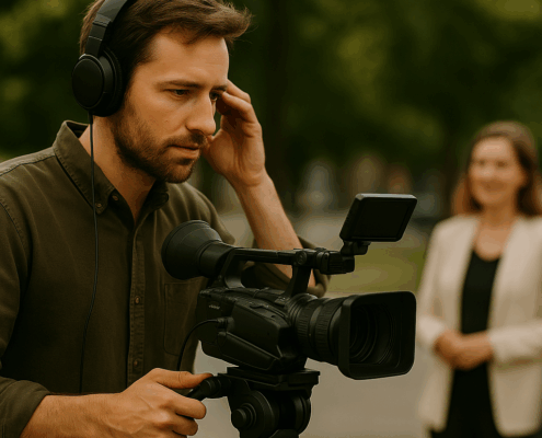 Kameramann mit Kopfhörern prüft während einer Videoproduktion den Tonpegel an der Kamera; im Hintergrund steht eine Frau unscharf im Bild.