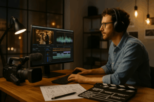 Videograf mit Kopfhörern arbeitet am Schnitt eines Hochzeitsfilms in modernem Studio, Kamera und Storyboard auf dem Tisch